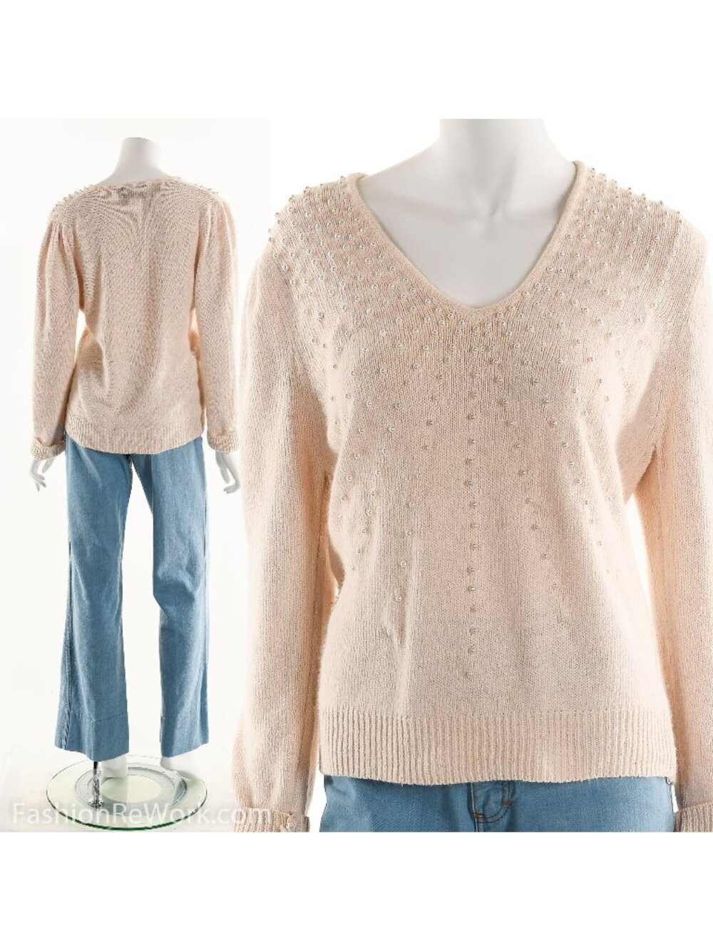 Beaded Pearl Pink Angora Rabbit Hair Sweater 80s 90s